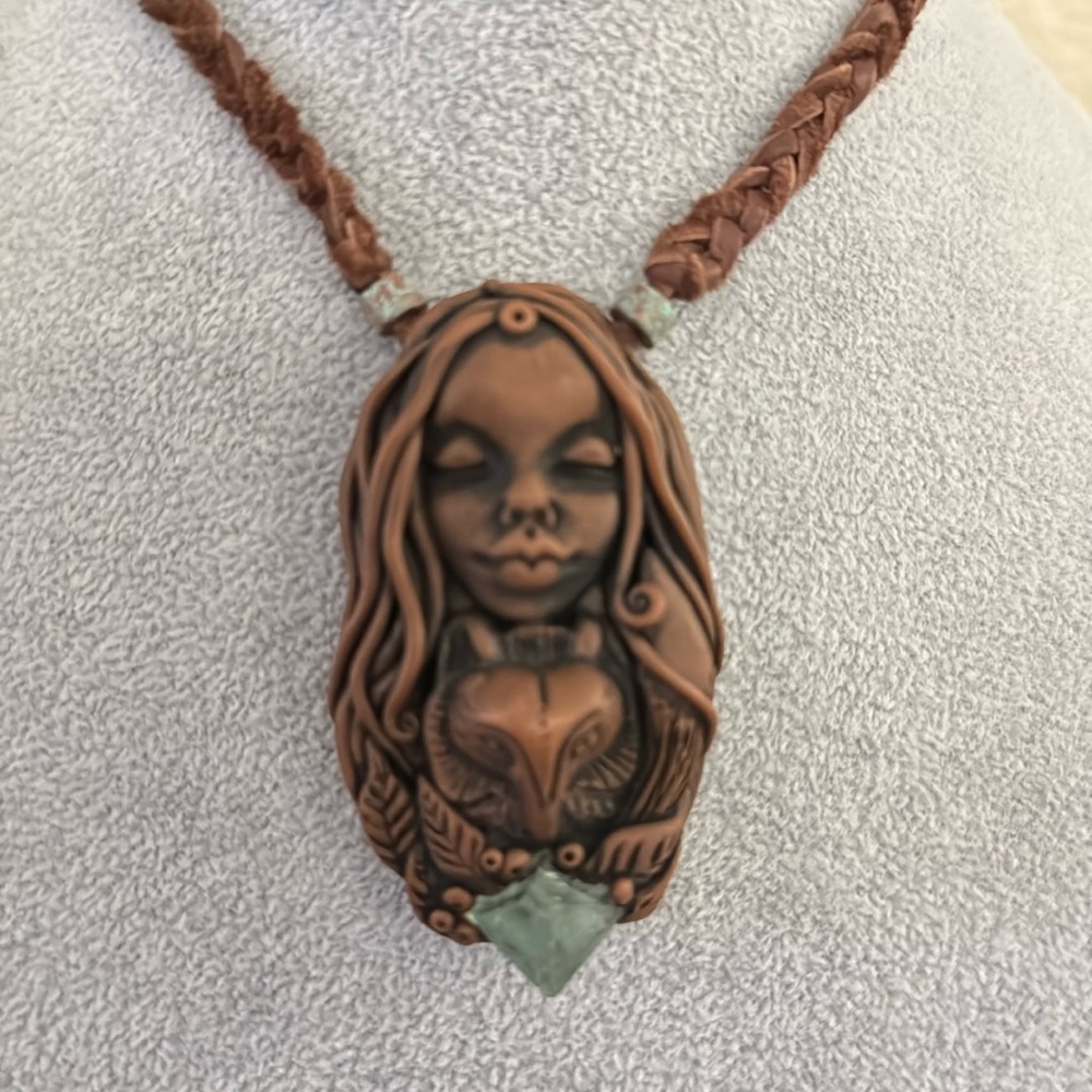 Polymer clay and fluorite goddess pendant
